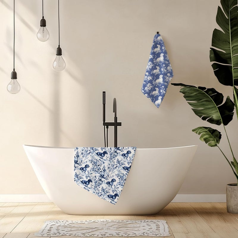 Nipil Chinoiserie Dachshund Kitchen Towels Set of 2, Blue and White Floral Botanical Dachshund Decorative Dish Tea Towels, Grandmillennial Weiner Dog Hand Towels for Kitchen Bathroom, 16x24 Inch - Image 3